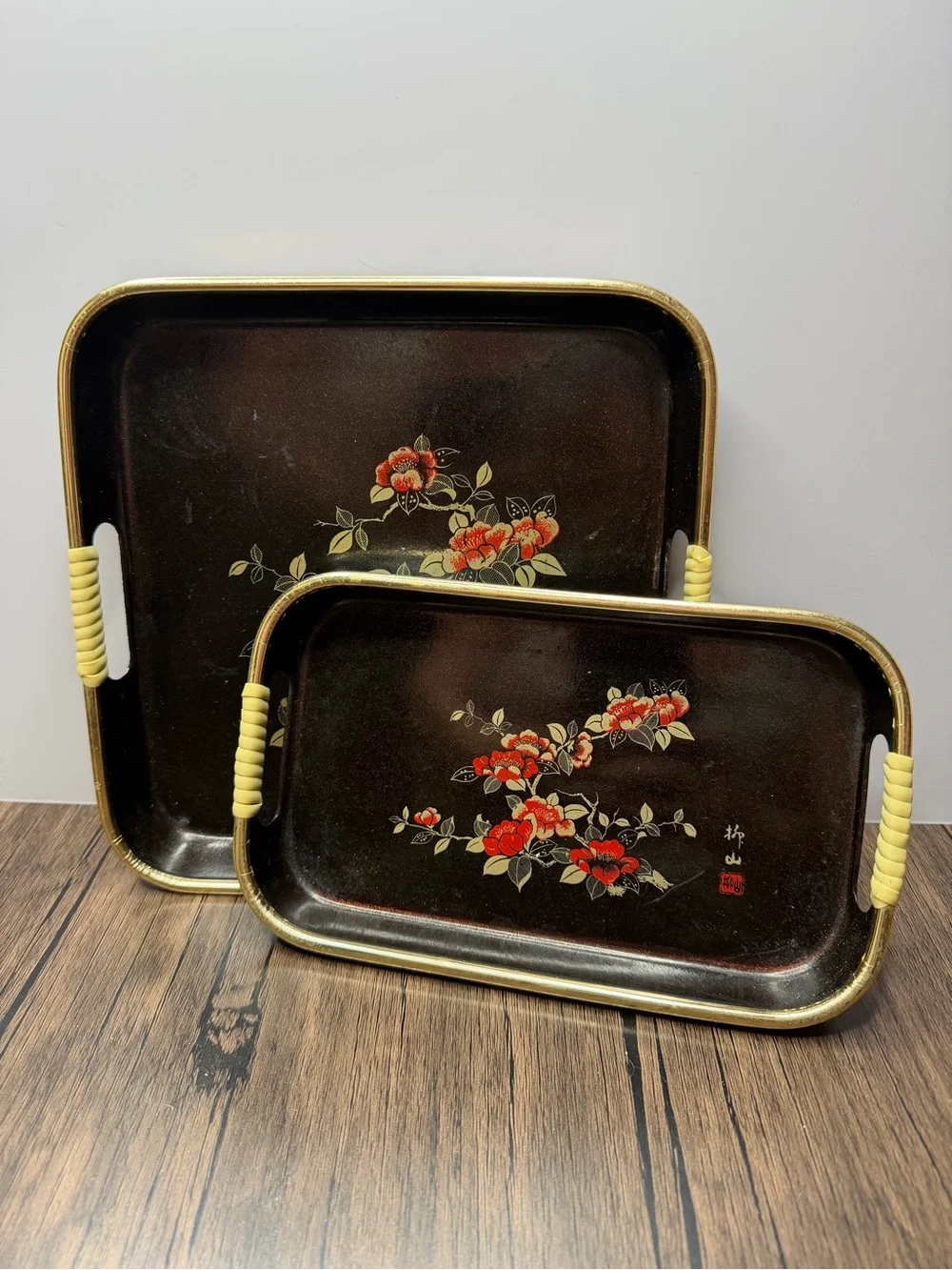 Vintage Floral Serving Trays - Black with Red Flower Motif